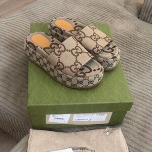 Gucci Brown Beige GG Canvas Platform Mules